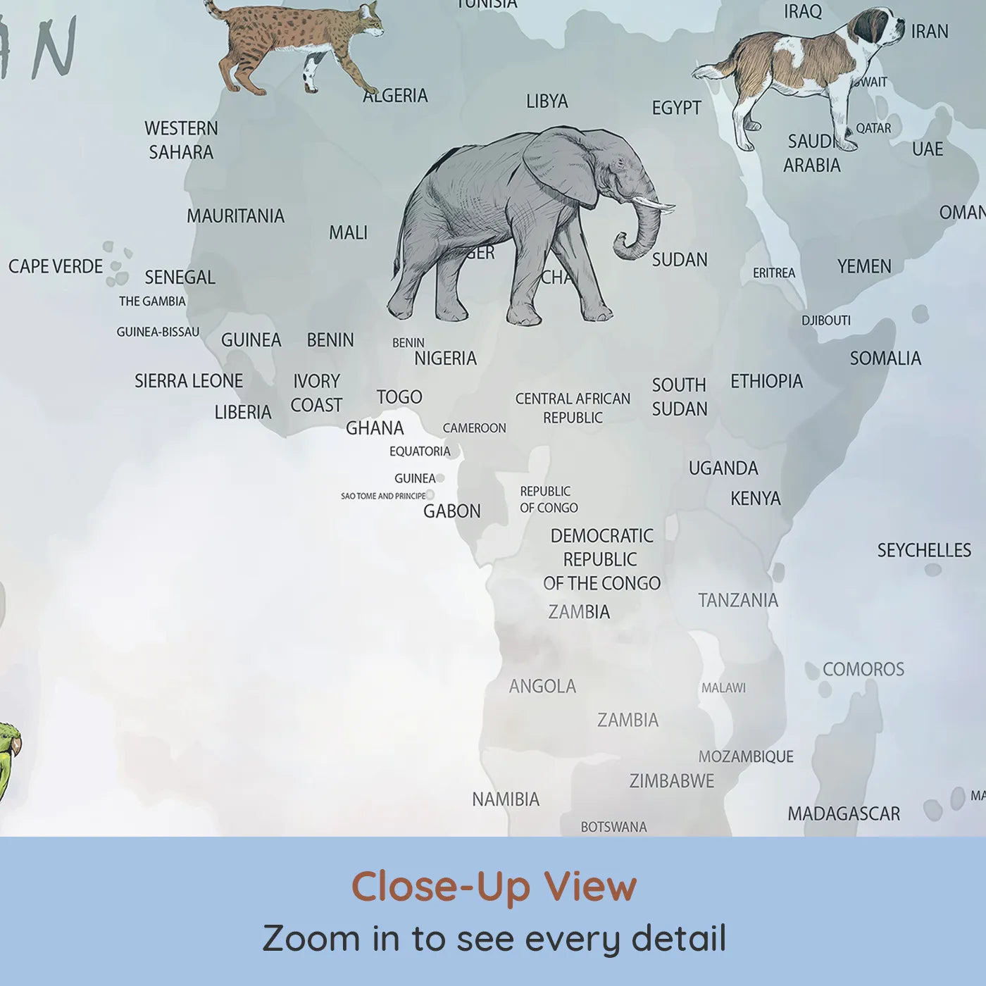 Close-up view of Whimsy Tots' Vintage Pet Aviator World Map Wall Mural (Turn Their Room into a Whimsical, Globe-Trotting Adventure).Gender-Neutral