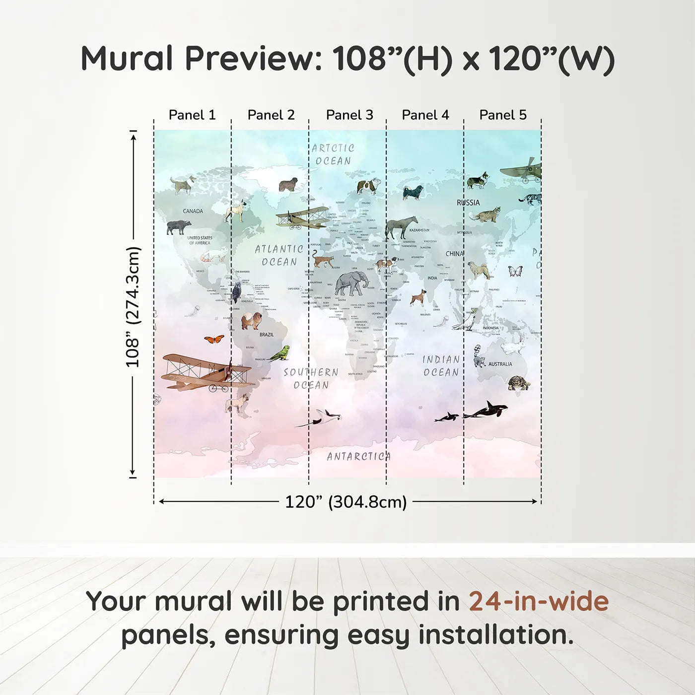 Whimsy Tots Vintage Pet Aviator World Map Wall Muraldimension view (108" H x 120" W). Printed in five 24-inch-wide panels. Gender-Neutral