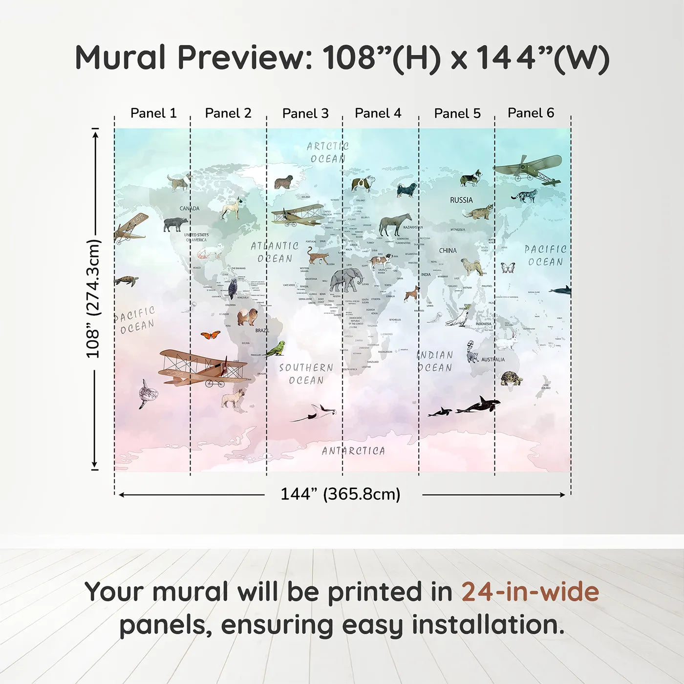 Whimsy Tots Vintage Pet Aviator World Map Wall Muraldimension view (108" H x 144" W). Printed in six 24-inch-wide panels. Gender-Neutral