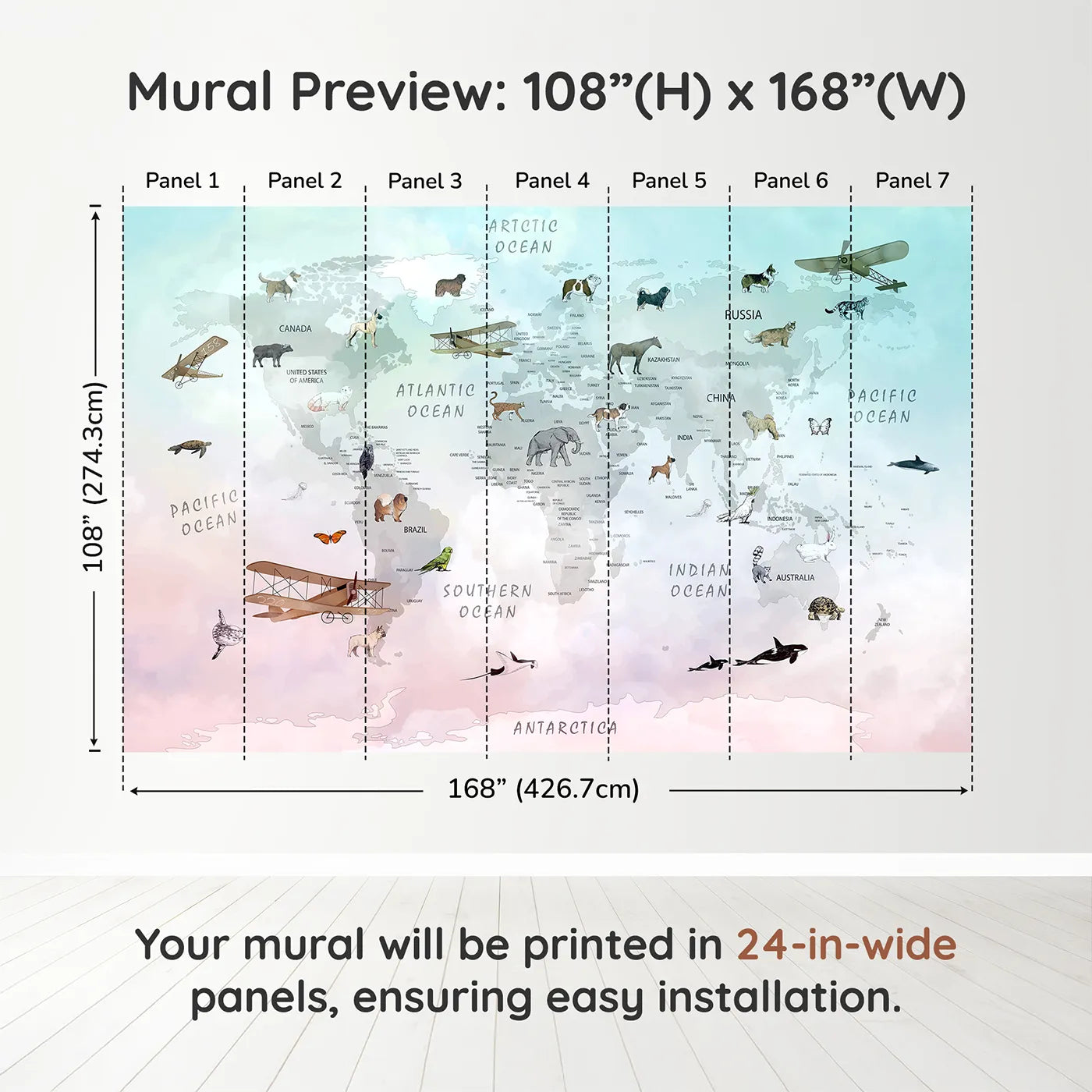 Whimsy Tots Vintage Pet Aviator World Map Wall Muraldimension view (108" H x 168" W). Printed in seven 24-inch-wide panels. Gender-Neutral