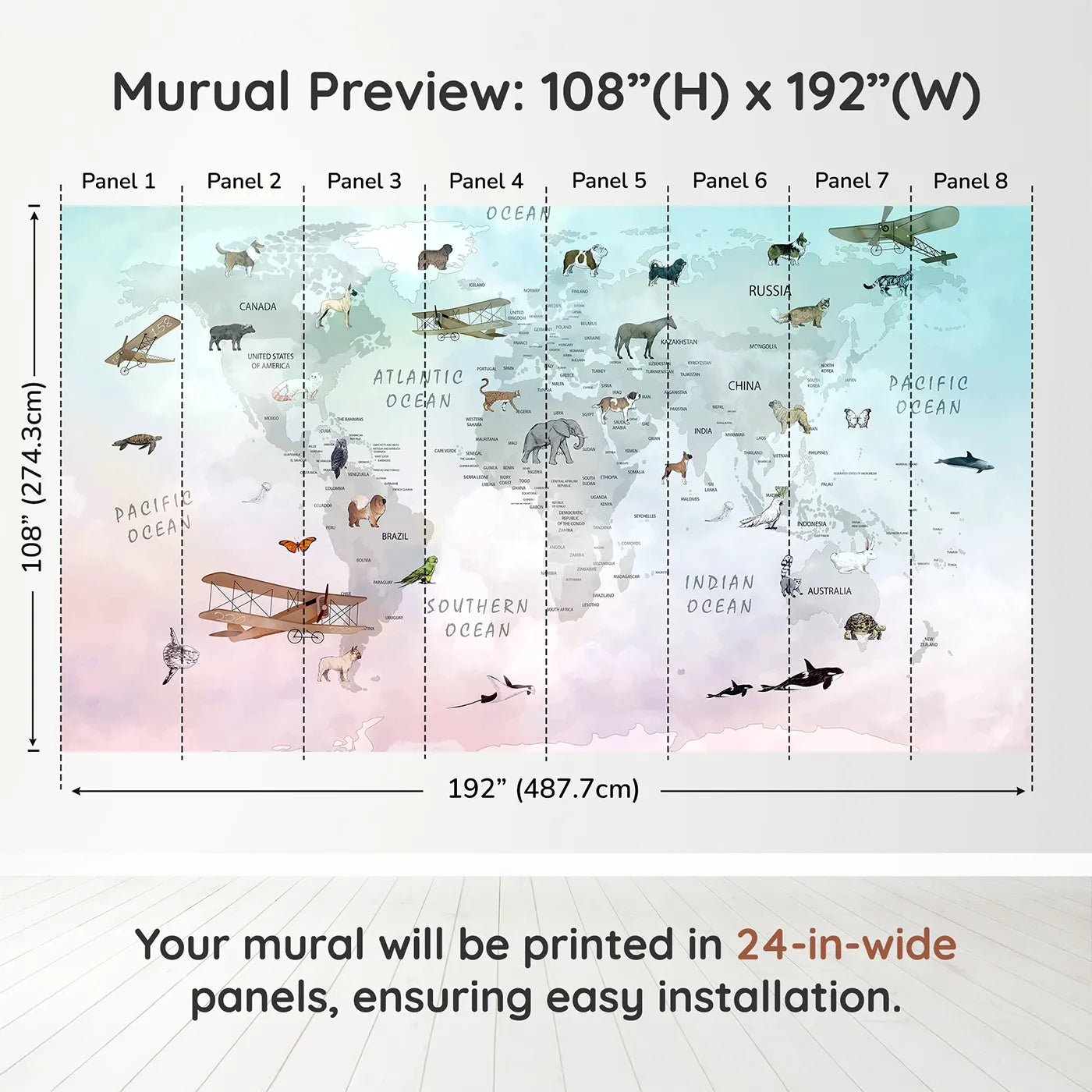 Whimsy Tots Vintage Pet Aviator World Map Wall Muraldimension view (108" H x 192" W). Printed in eight 24-inch-wide panels. Gender-Neutral