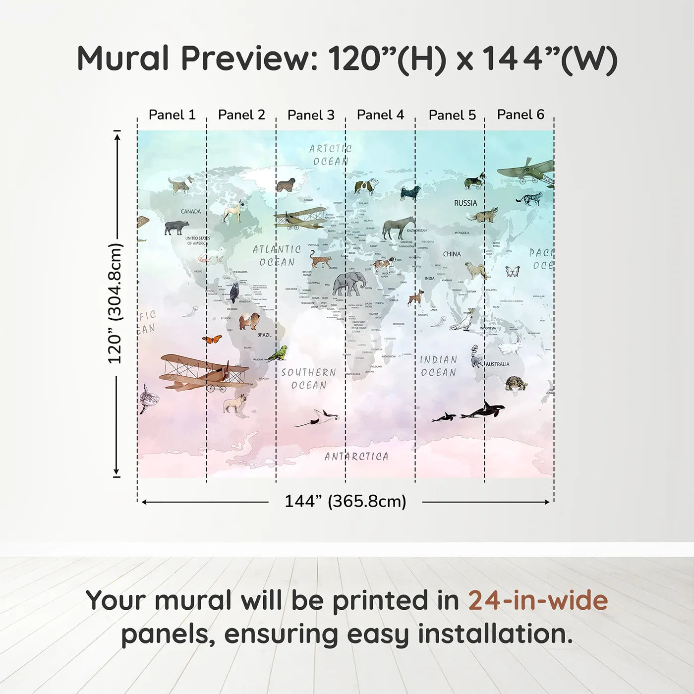 Whimsy Tots Vintage Pet Aviator World Map Wall Muraldimension view (120" H x 144" W). Printed in six 24-inch-wide panels. Gender-Neutral