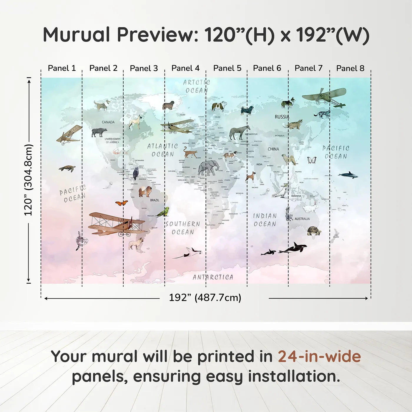 Whimsy Tots Vintage Pet Aviator World Map Wall Muraldimension view (120" H x 192" W). Printed in eight 24-inch-wide panels. Gender-Neutral