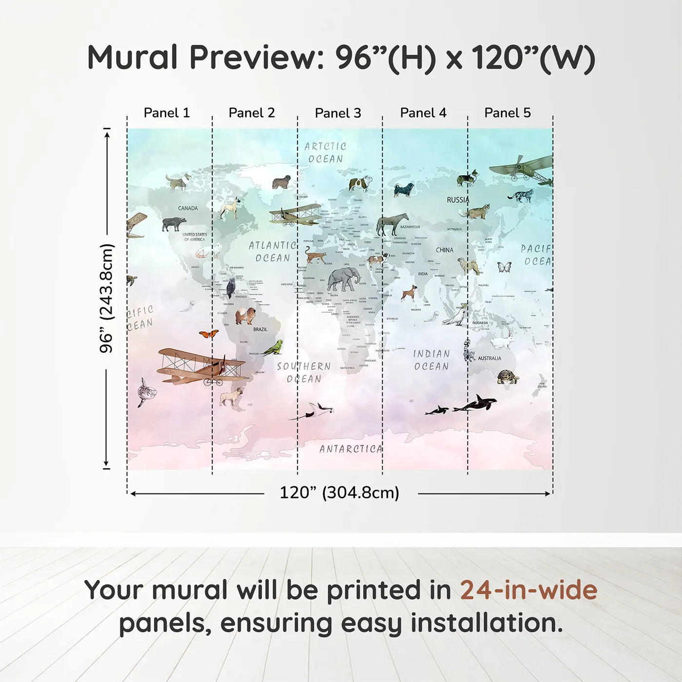 Whimsy Tots Vintage Pet Aviator World Map Wall Muraldimension view (96" H x 120" W). Printed in five 24-inch-wide panels. Gender-Neutral