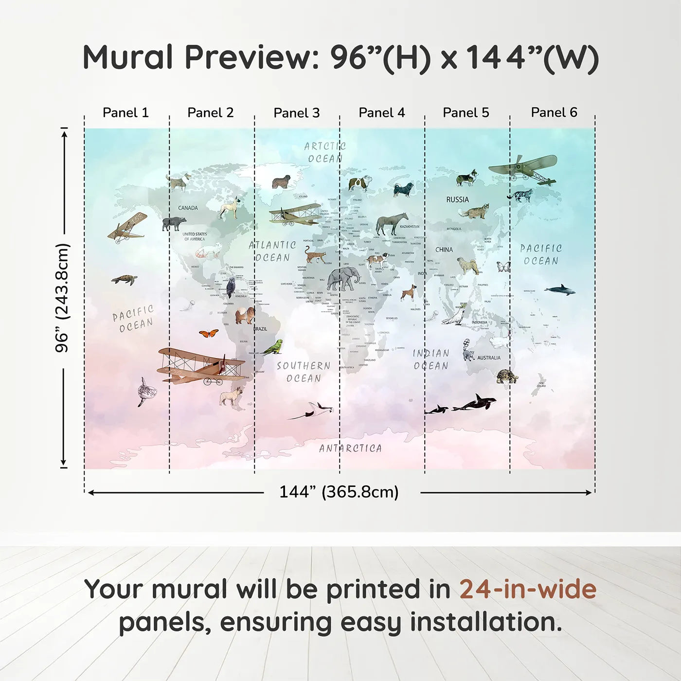 Whimsy Tots Vintage Pet Aviator World Map Wall Muraldimension view (96" H x 144" W). Printed in six 24-inch-wide panels. Gender-Neutral