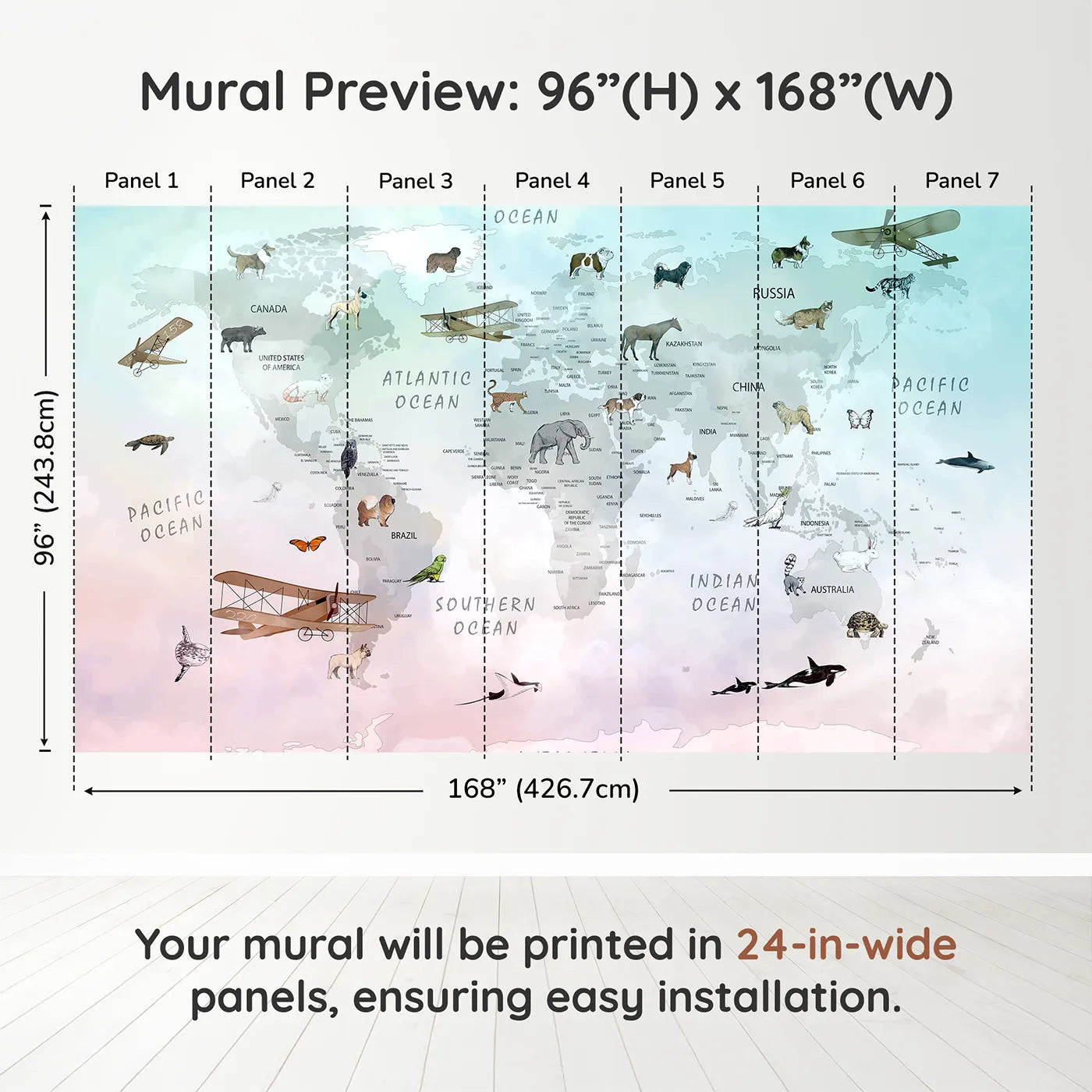 Whimsy Tots Vintage Pet Aviator World Map Wall Muraldimension view (96" H x 168" W). Printed in seven 24-inch-wide panels. Gender-Neutral