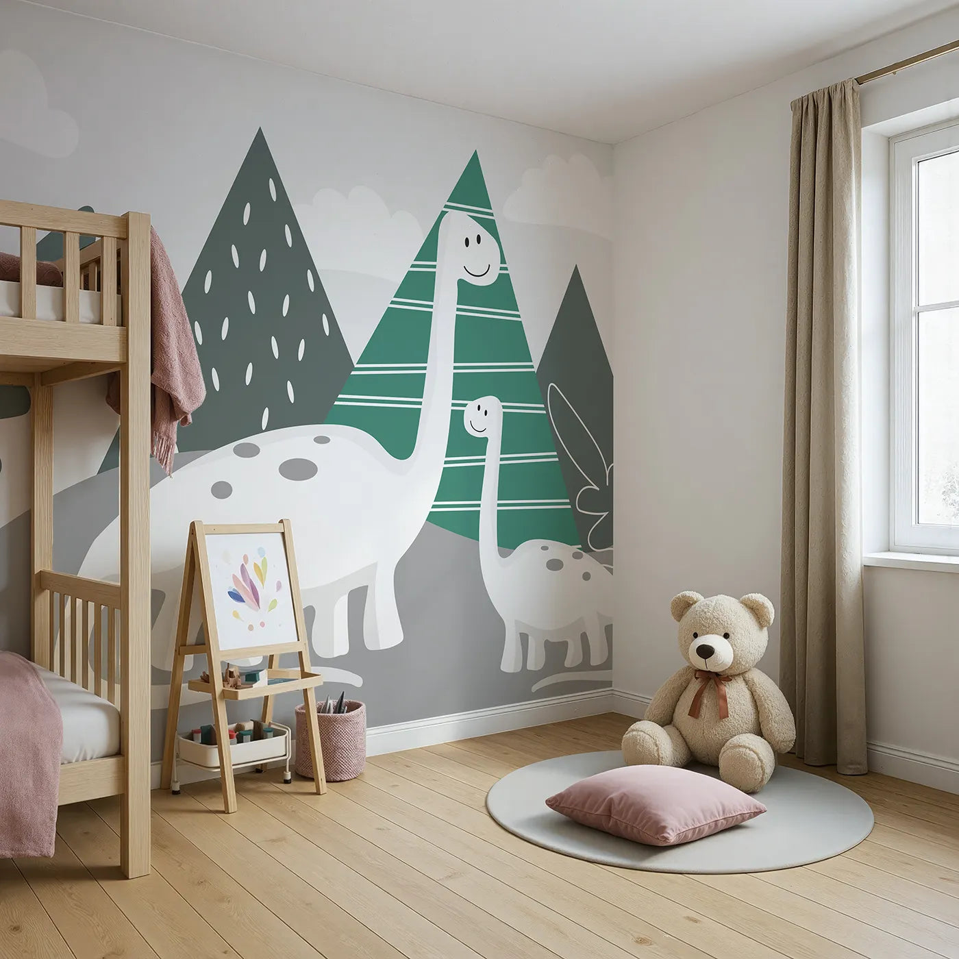 Angled view of Whimsy Tots' Minimalist Dinosaur Friends Wall Mural (Turn Their Room into a Calm and Gentle Prehistoric Playground).Gender-Neutral