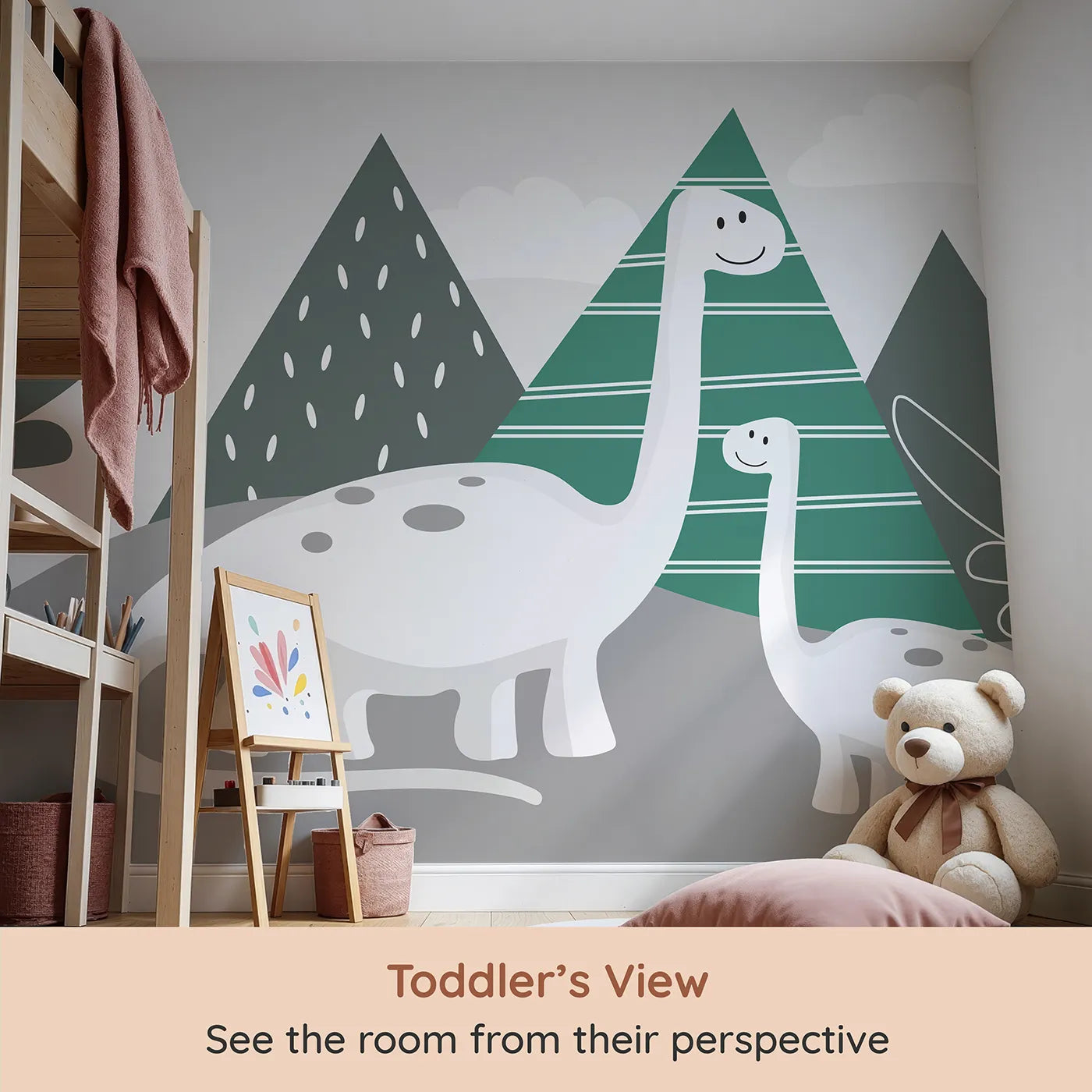 Whimsy Tots Minimalist Dinosaur Friends Wall Mural (Turn Their Room into a Calm and Gentle Prehistoric Playground) from your child's view.Gender-Neutral