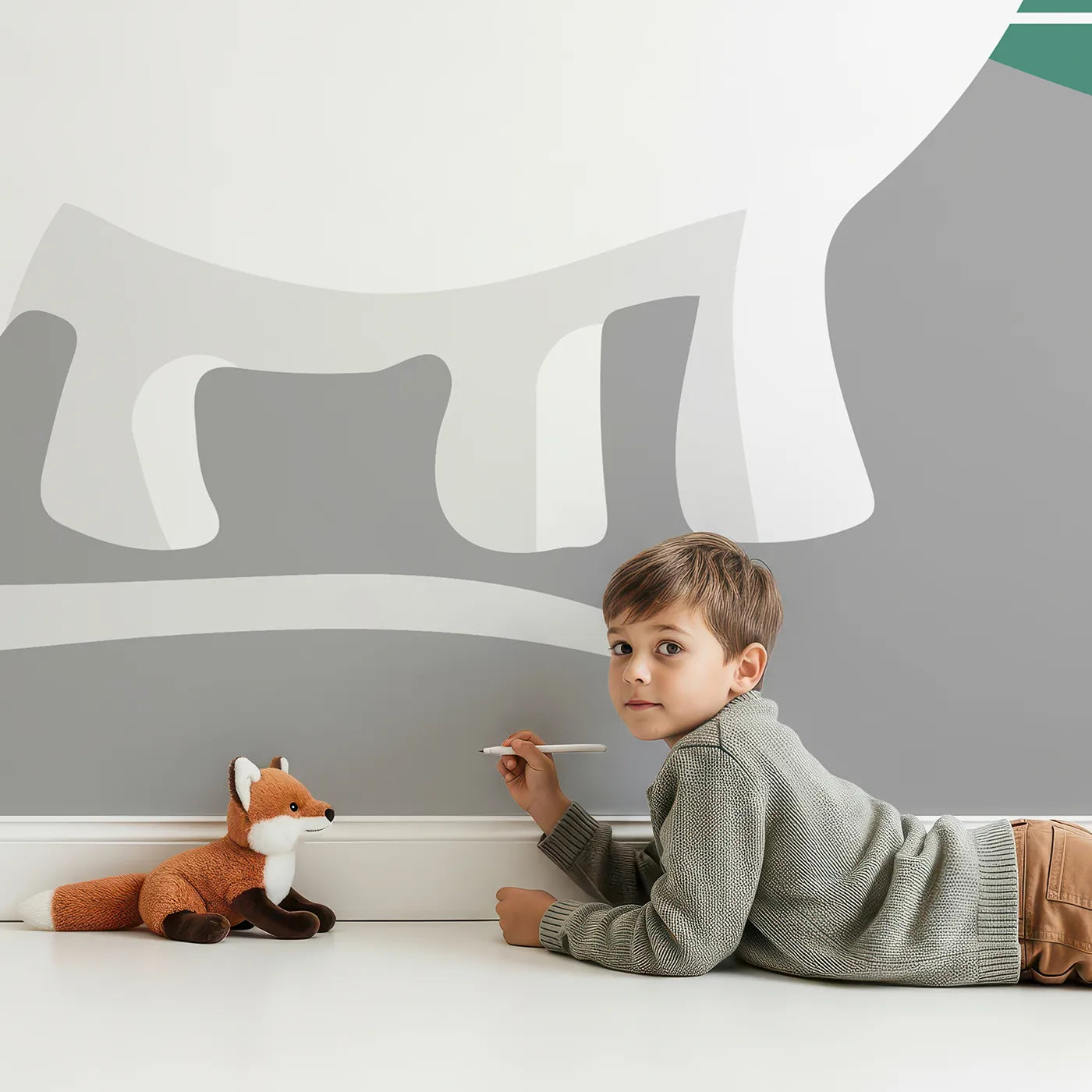 Child in front of Whimsy Tots Minimalist Dinosaur Friends Wall Mural with dinosaur, prehistoric, minimalist, modern, gray, white, cute, simple in design.