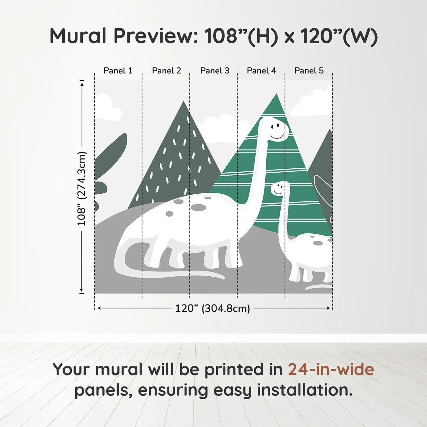 Whimsy Tots Minimalist Dinosaur Friends Wall Muraldimension view (108" H x 120" W). Printed in five 24-inch-wide panels. Gender-Neutral