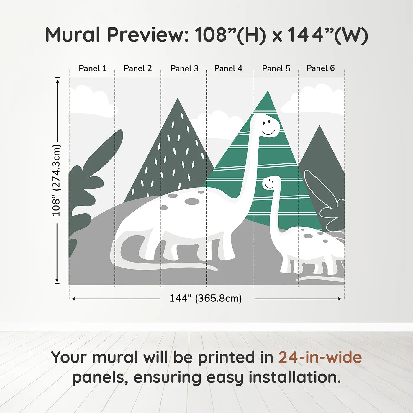 Whimsy Tots Minimalist Dinosaur Friends Wall Muraldimension view (108" H x 144" W). Printed in six 24-inch-wide panels. Gender-Neutral