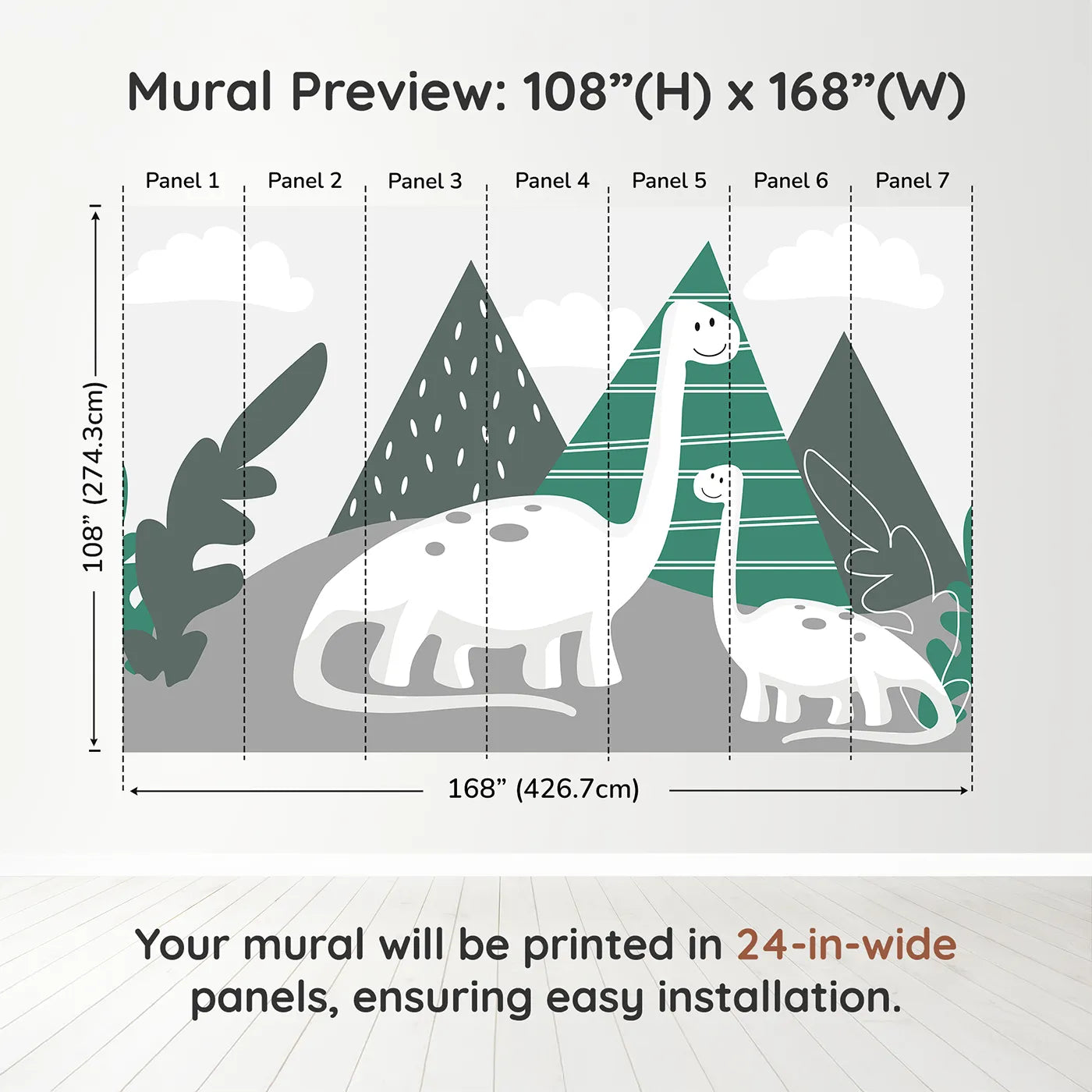 Whimsy Tots Minimalist Dinosaur Friends Wall Muraldimension view (108" H x 168" W). Printed in seven 24-inch-wide panels. Gender-Neutral