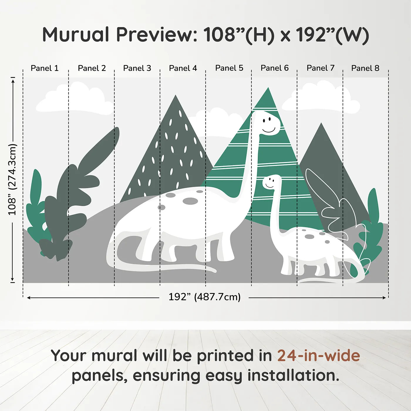 Whimsy Tots Minimalist Dinosaur Friends Wall Muraldimension view (108" H x 192" W). Printed in eight 24-inch-wide panels. Gender-Neutral