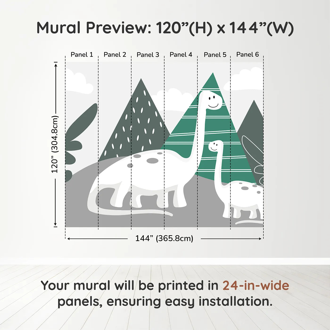 Whimsy Tots Minimalist Dinosaur Friends Wall Muraldimension view (120" H x 144" W). Printed in six 24-inch-wide panels. Gender-Neutral