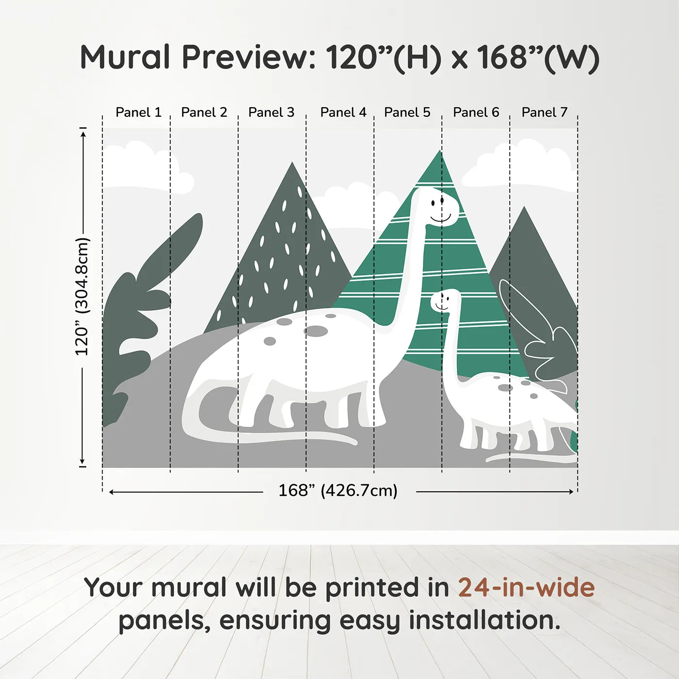 Whimsy Tots Minimalist Dinosaur Friends Wall Muraldimension view (120" H x 168" W). Printed in seven 24-inch-wide panels. Gender-Neutral
