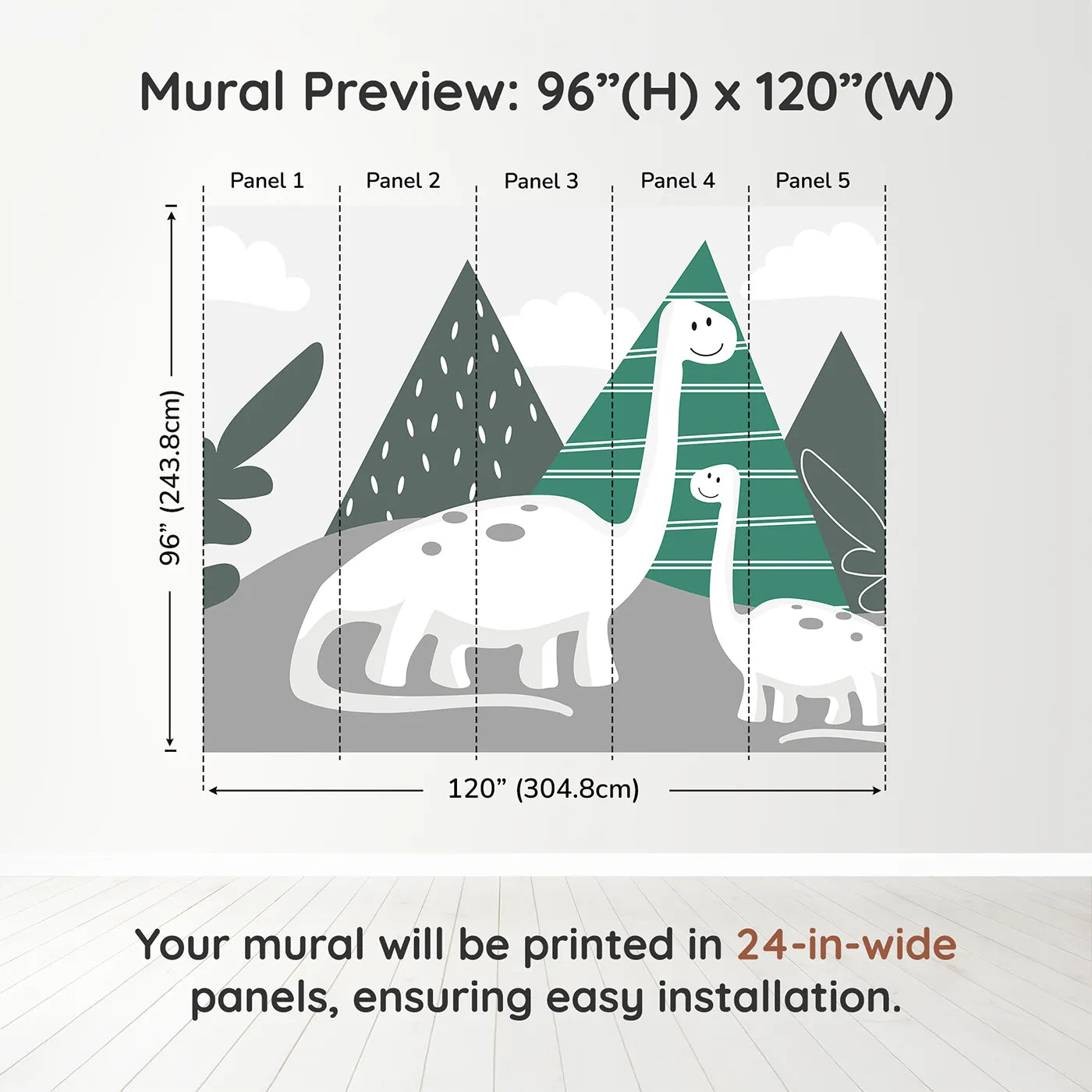Whimsy Tots Minimalist Dinosaur Friends Wall Muraldimension view (96" H x 120" W). Printed in five 24-inch-wide panels. Gender-Neutral