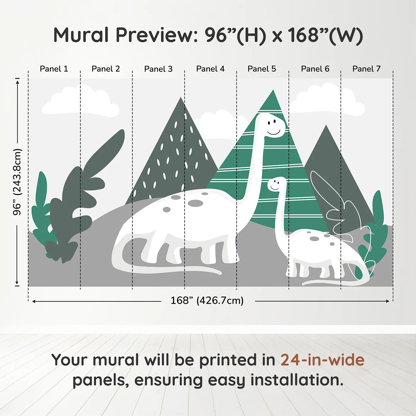 Whimsy Tots Minimalist Dinosaur Friends Wall Muraldimension view (96" H x 168" W). Printed in seven 24-inch-wide panels. Gender-Neutral