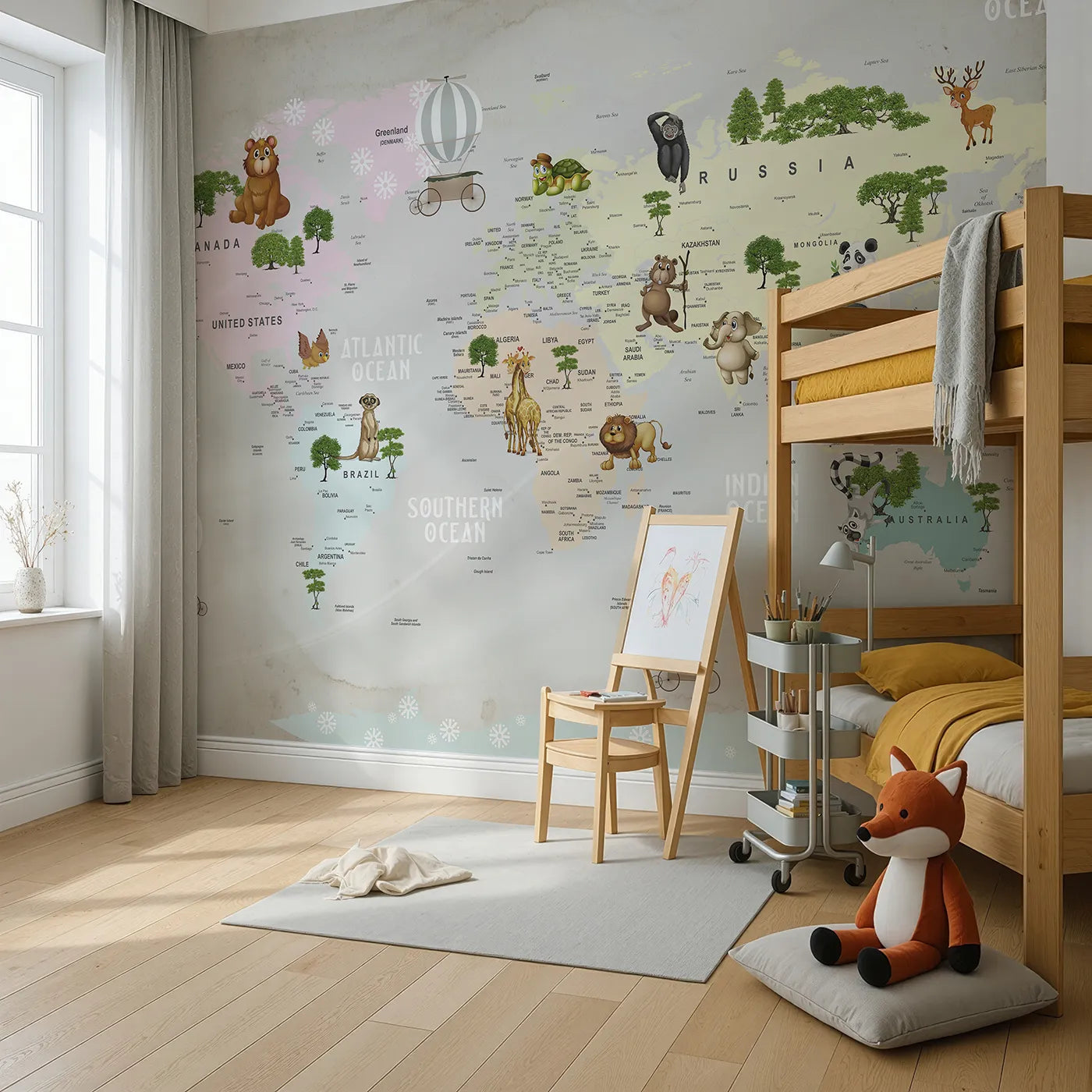 Angled view of Whimsy Tots' Animal Hot Air Balloon World Map Wall Mural (Turn Their Room into a Whimsical, Globe-Trotting Safari).Gender-Neutral