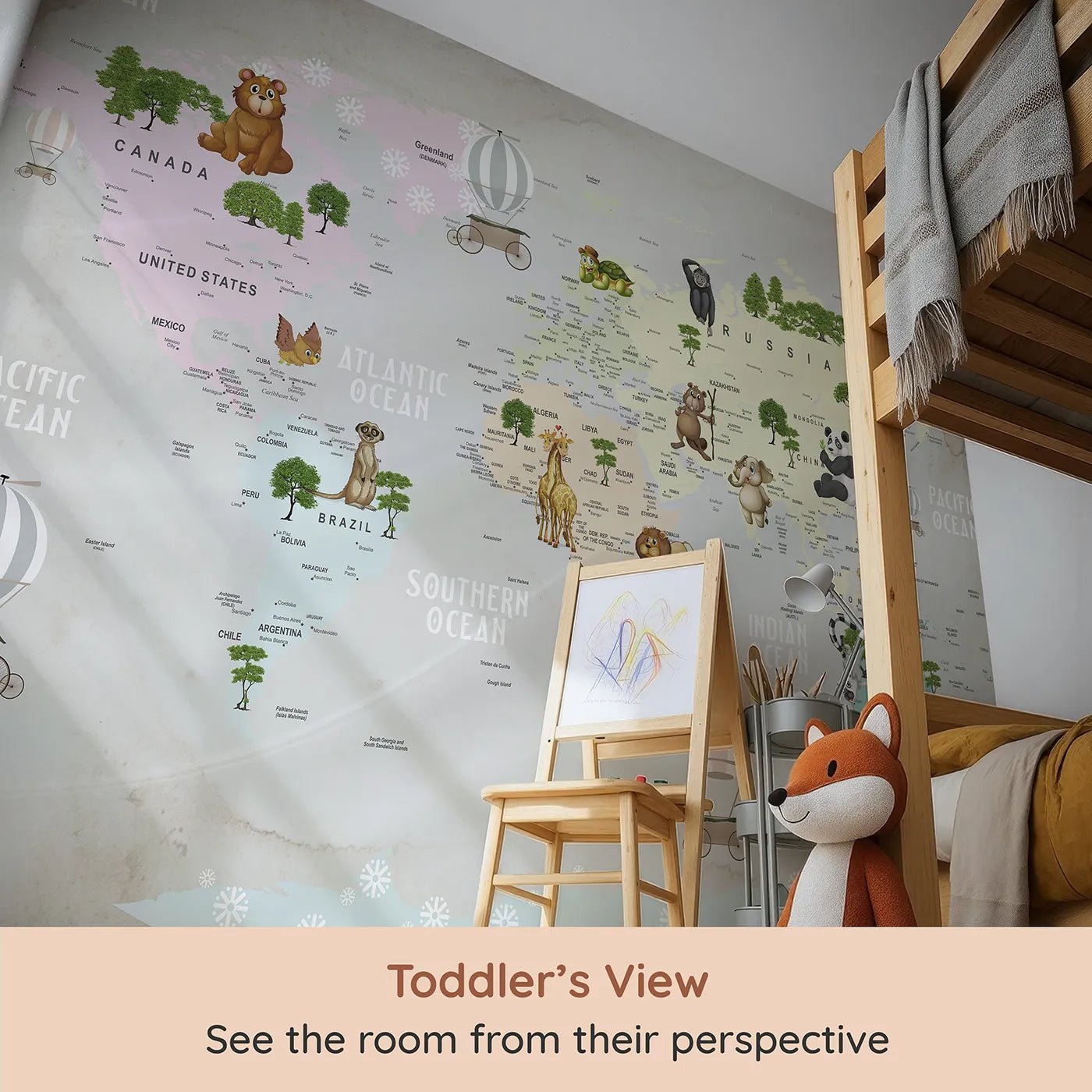 Whimsy Tots Animal Hot Air Balloon World Map Wall Mural (Turn Their Room into a Whimsical, Globe-Trotting Safari) from your child's view.Gender-Neutral