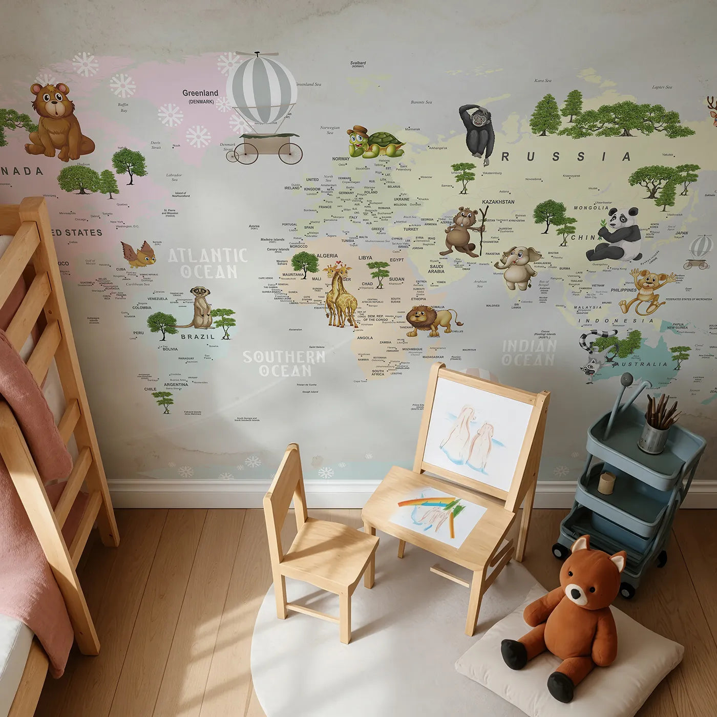 Top-down view of Whimsy Tots' Animal Hot Air Balloon World Map Wall Mural (Turn Their Room into a Whimsical, Globe-Trotting Safari).Gender-Neutral