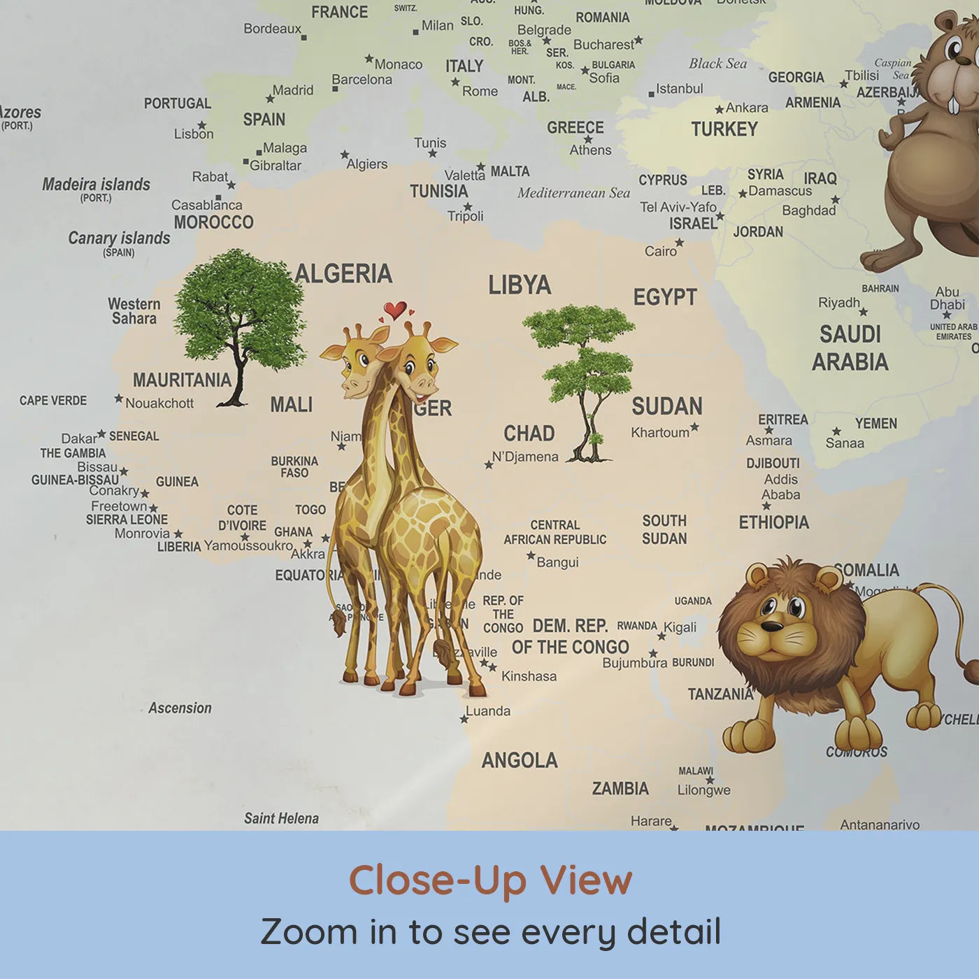 Close-up view of Whimsy Tots' Animal Hot Air Balloon World Map Wall Mural (Turn Their Room into a Whimsical, Globe-Trotting Safari).Gender-Neutral