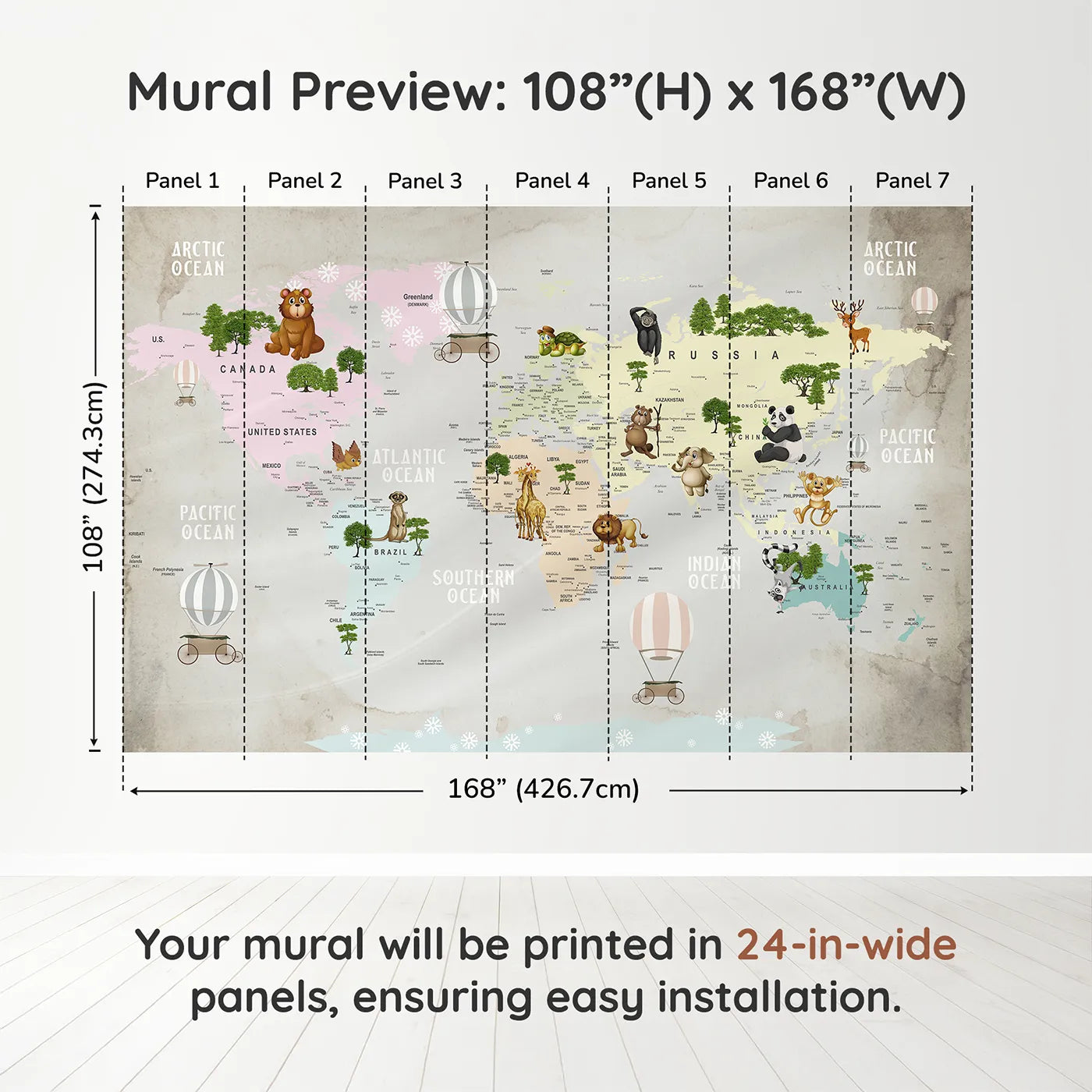 Whimsy Tots Animal Hot Air Balloon World Map Wall Muraldimension view (108" H x 168" W). Printed in seven 24-inch-wide panels. Gender-Neutral