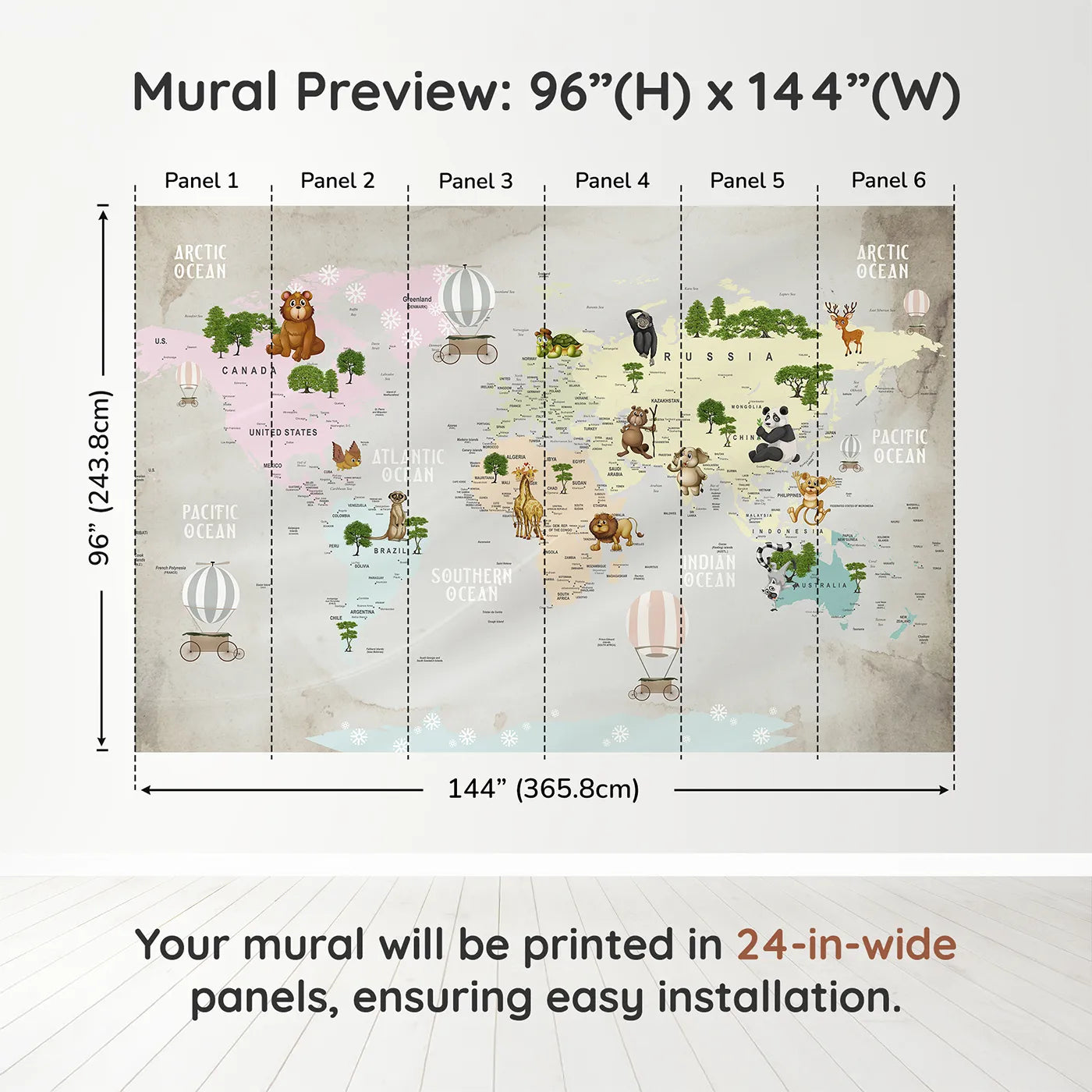 Whimsy Tots Animal Hot Air Balloon World Map Wall Muraldimension view (96" H x 144" W). Printed in six 24-inch-wide panels. Gender-Neutral