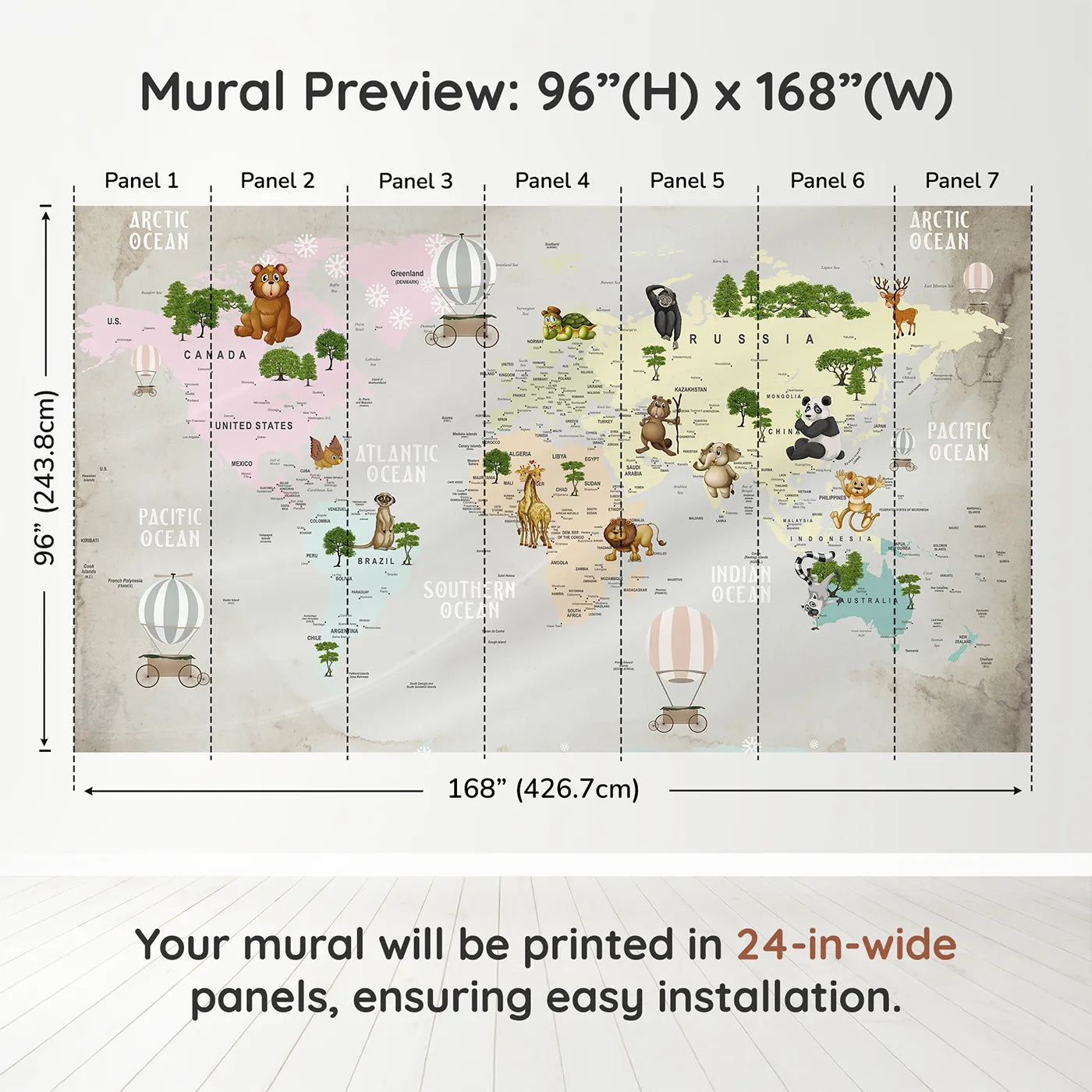Whimsy Tots Animal Hot Air Balloon World Map Wall Muraldimension view (96" H x 168" W). Printed in seven 24-inch-wide panels. Gender-Neutral