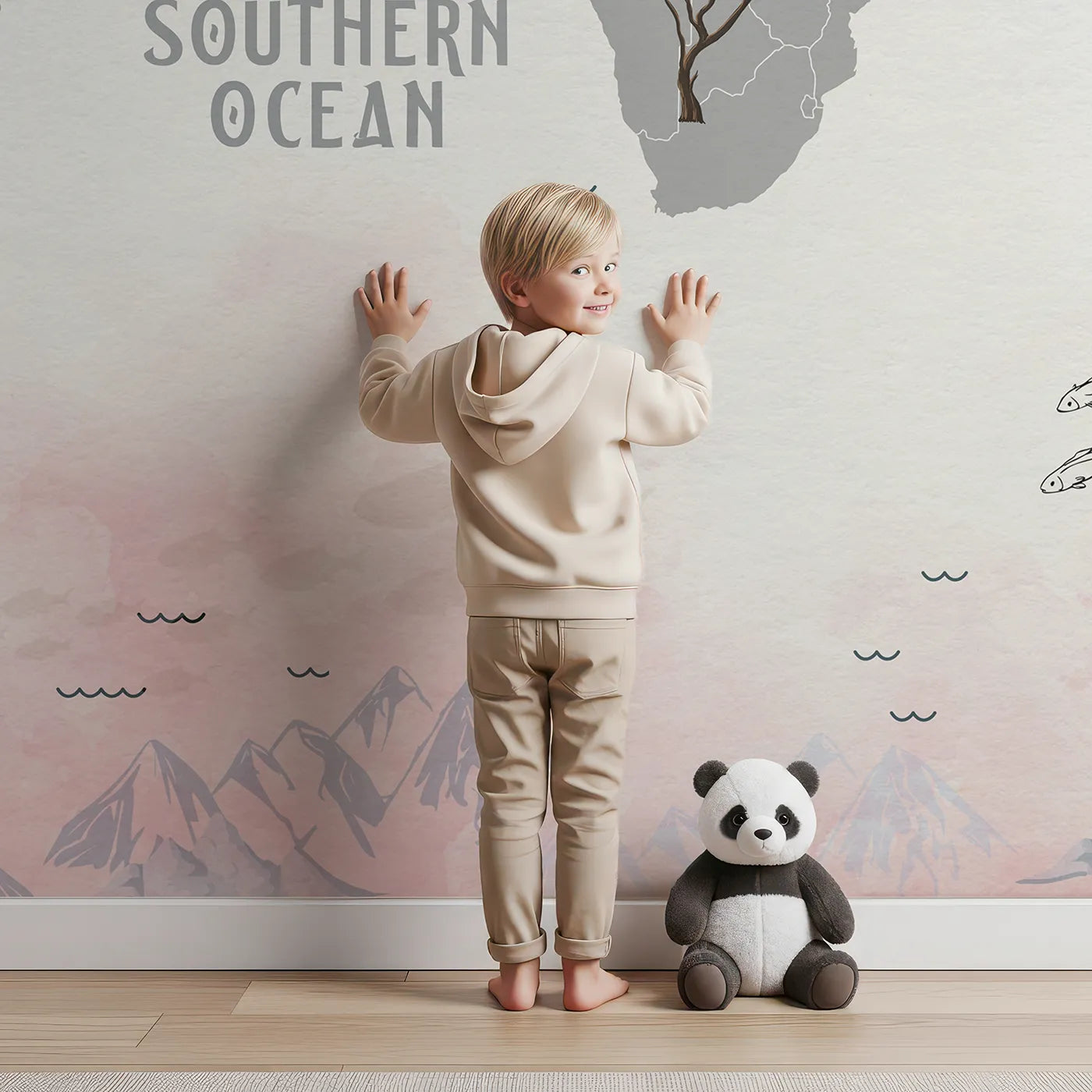 Child in front of Whimsy Tots Landmark World Map Wall Mural with map, world, landmark, animal, travel, educational, pink, watercolor in design.