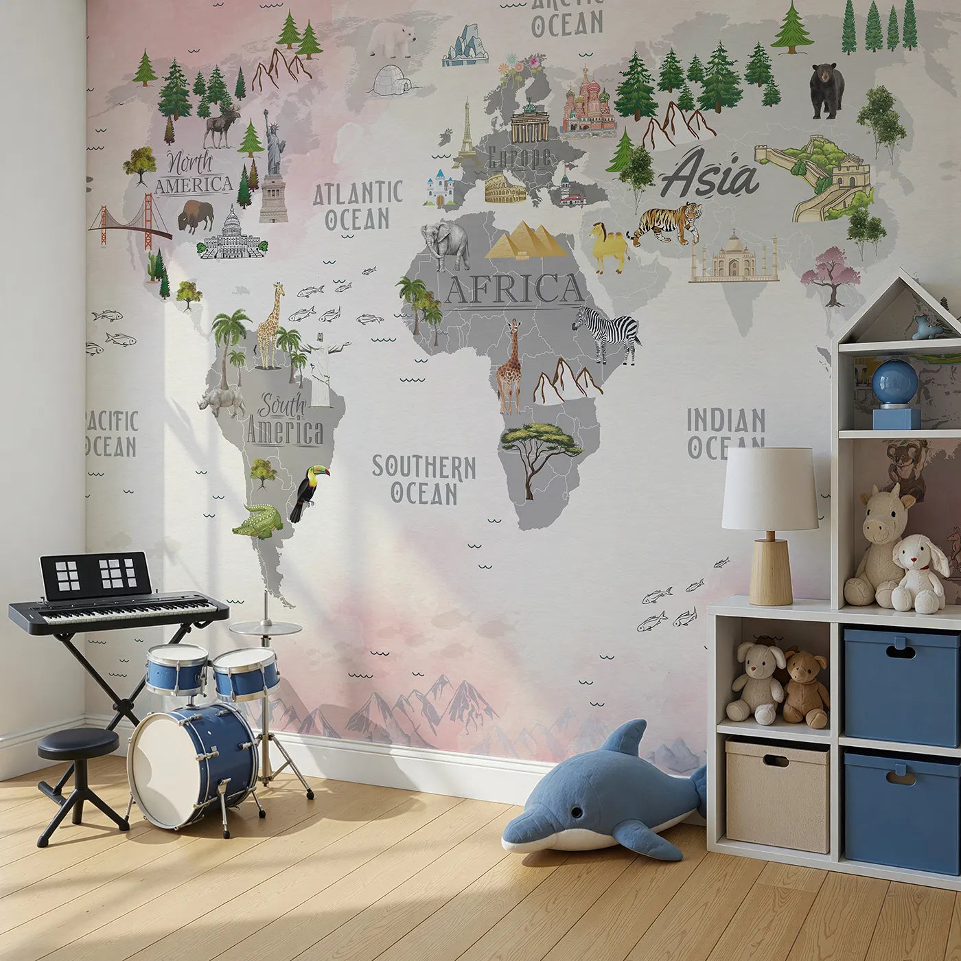 Angled view of Whimsy Tots' Landmark World Map Wall Mural (Turn Their Room into a Grand Tour of the Globe).Gender-Neutral
