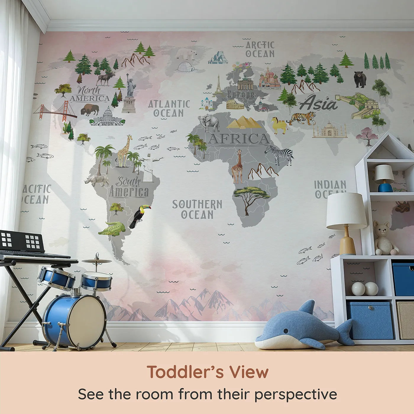 Whimsy Tots Landmark World Map Wall Mural (Turn Their Room into a Grand Tour of the Globe) from your child's view.Gender-Neutral