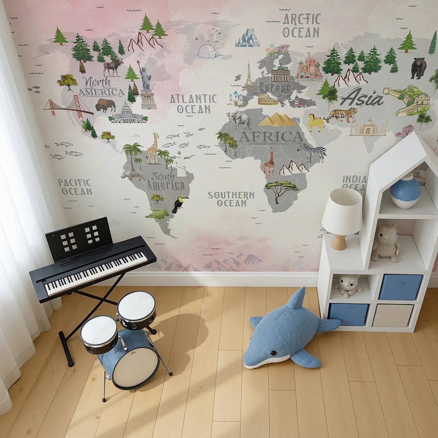 Top-down view of Whimsy Tots' Landmark World Map Wall Mural (Turn Their Room into a Grand Tour of the Globe).Gender-Neutral