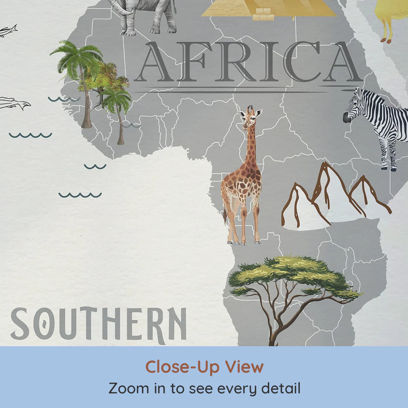 Close-up view of Whimsy Tots' Landmark World Map Wall Mural (Turn Their Room into a Grand Tour of the Globe).Gender-Neutral