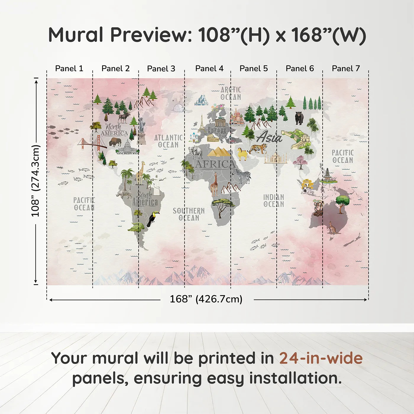 Whimsy Tots Landmark World Map Wall Muraldimension view (108" H x 168" W). Printed in seven 24-inch-wide panels. Gender-Neutral