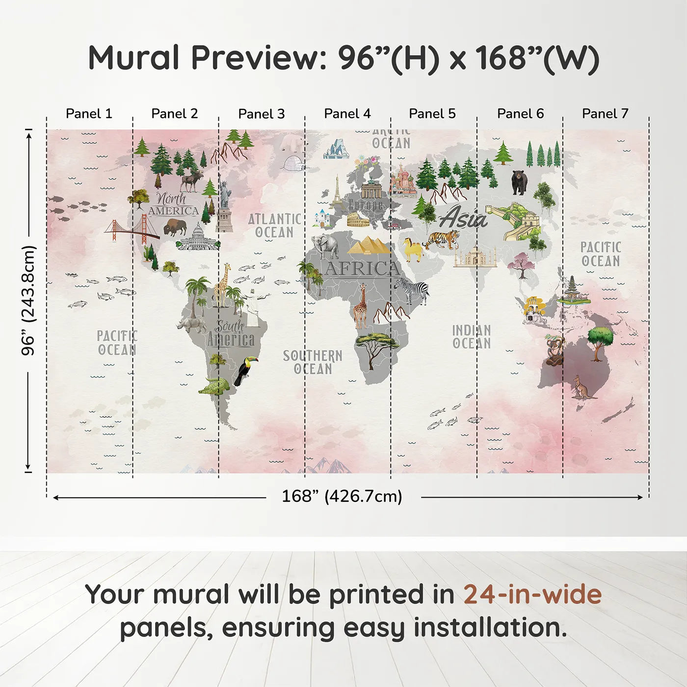 Whimsy Tots Landmark World Map Wall Muraldimension view (96" H x 168" W). Printed in seven 24-inch-wide panels. Gender-Neutral
