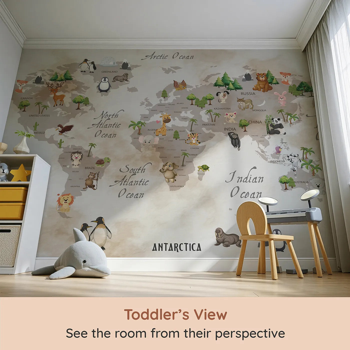 Whimsy Tots Vintage Animal World Map Wall Mural (Turn Their Room into a Classic Explorer's Study) from your child's view.Gender-Neutral