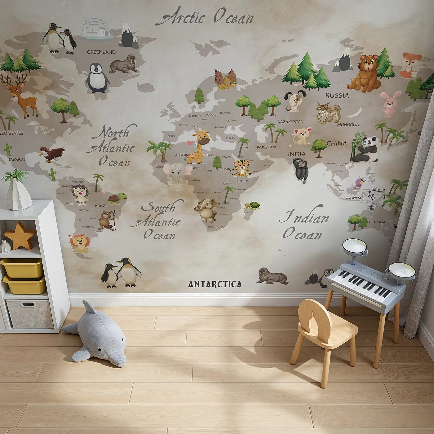 Top-down view of Whimsy Tots' Vintage Animal World Map Wall Mural (Turn Their Room into a Classic Explorer's Study).Gender-Neutral
