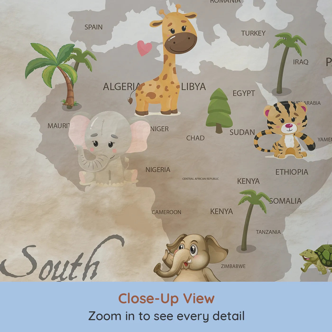 Close-up view of Whimsy Tots' Vintage Animal World Map Wall Mural (Turn Their Room into a Classic Explorer's Study).Gender-Neutral