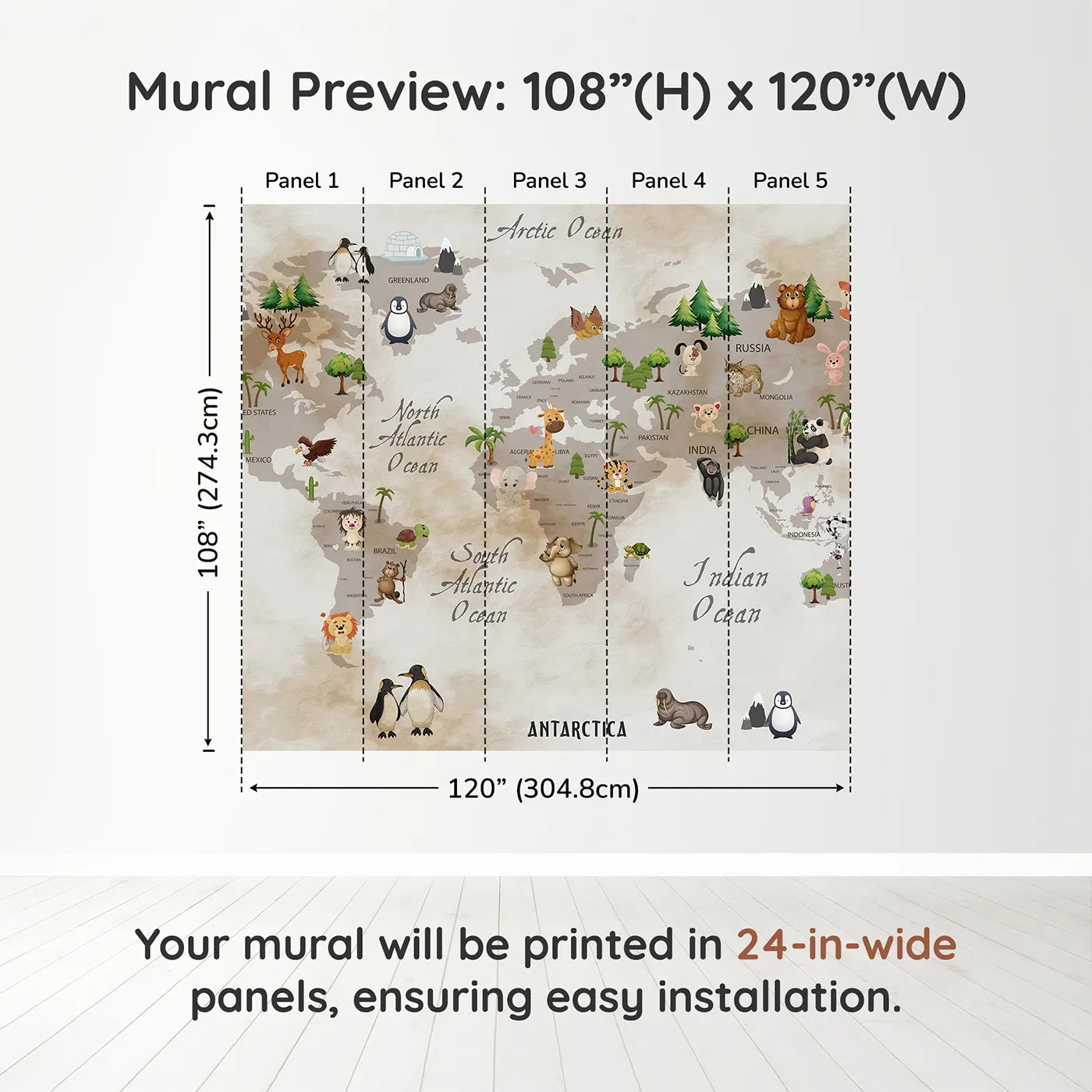 Whimsy Tots Vintage Animal World Map Wall Muraldimension view (108" H x 120" W). Printed in five 24-inch-wide panels. Gender-Neutral