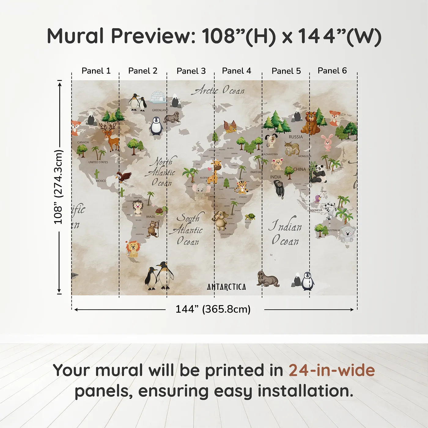 Whimsy Tots Vintage Animal World Map Wall Muraldimension view (108" H x 144" W). Printed in six 24-inch-wide panels. Gender-Neutral