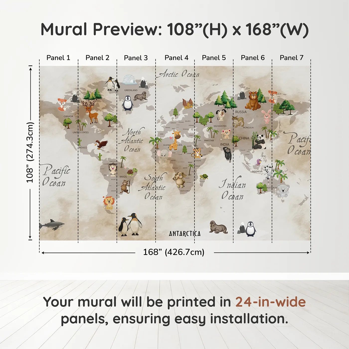 Whimsy Tots Vintage Animal World Map Wall Muraldimension view (108" H x 168" W). Printed in seven 24-inch-wide panels. Gender-Neutral