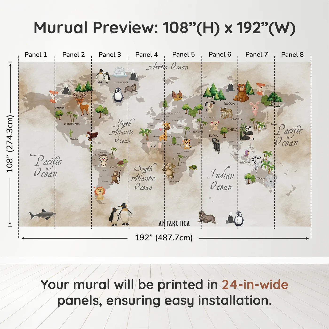 Whimsy Tots Vintage Animal World Map Wall Muraldimension view (108" H x 192" W). Printed in eight 24-inch-wide panels. Gender-Neutral