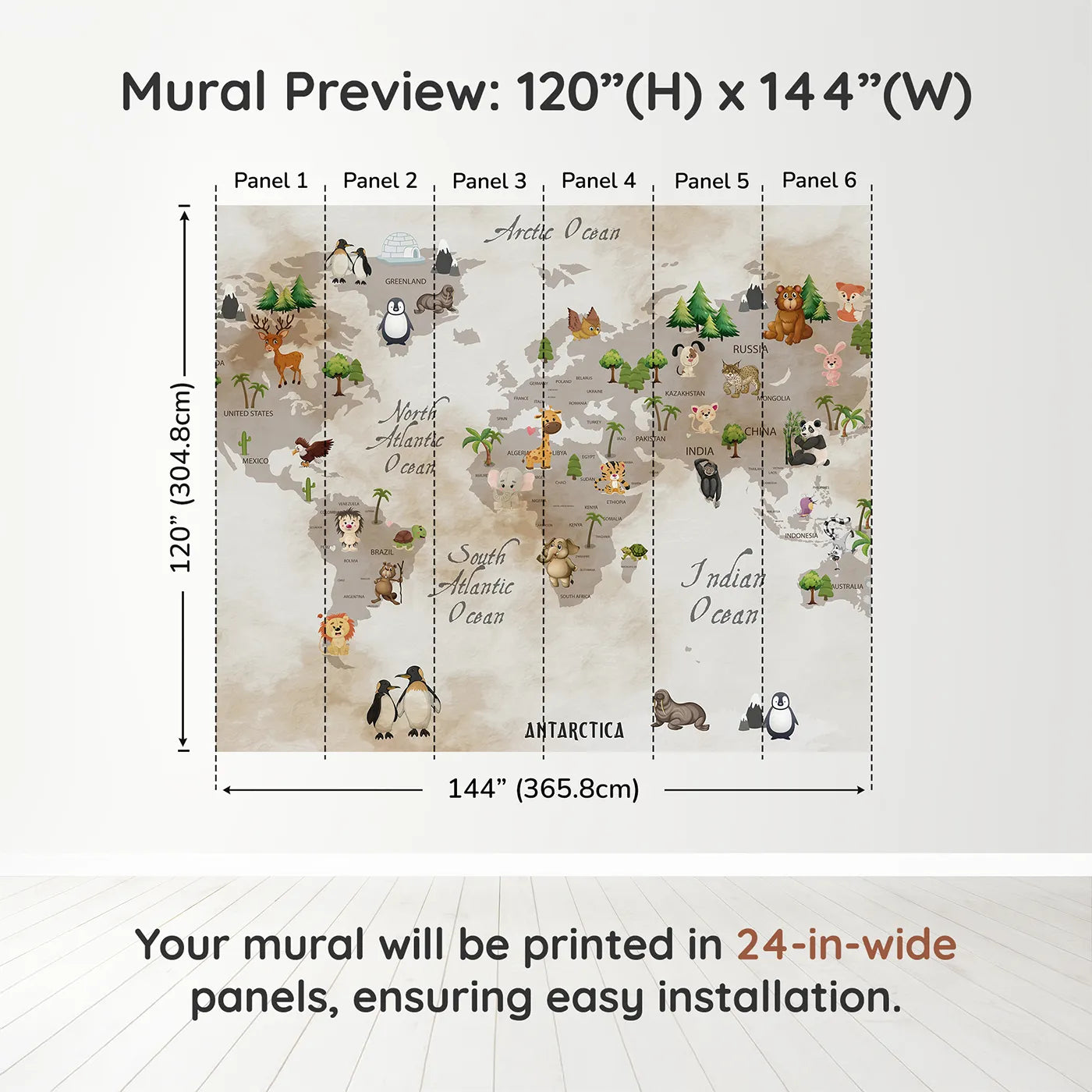 Whimsy Tots Vintage Animal World Map Wall Muraldimension view (120" H x 144" W). Printed in six 24-inch-wide panels. Gender-Neutral