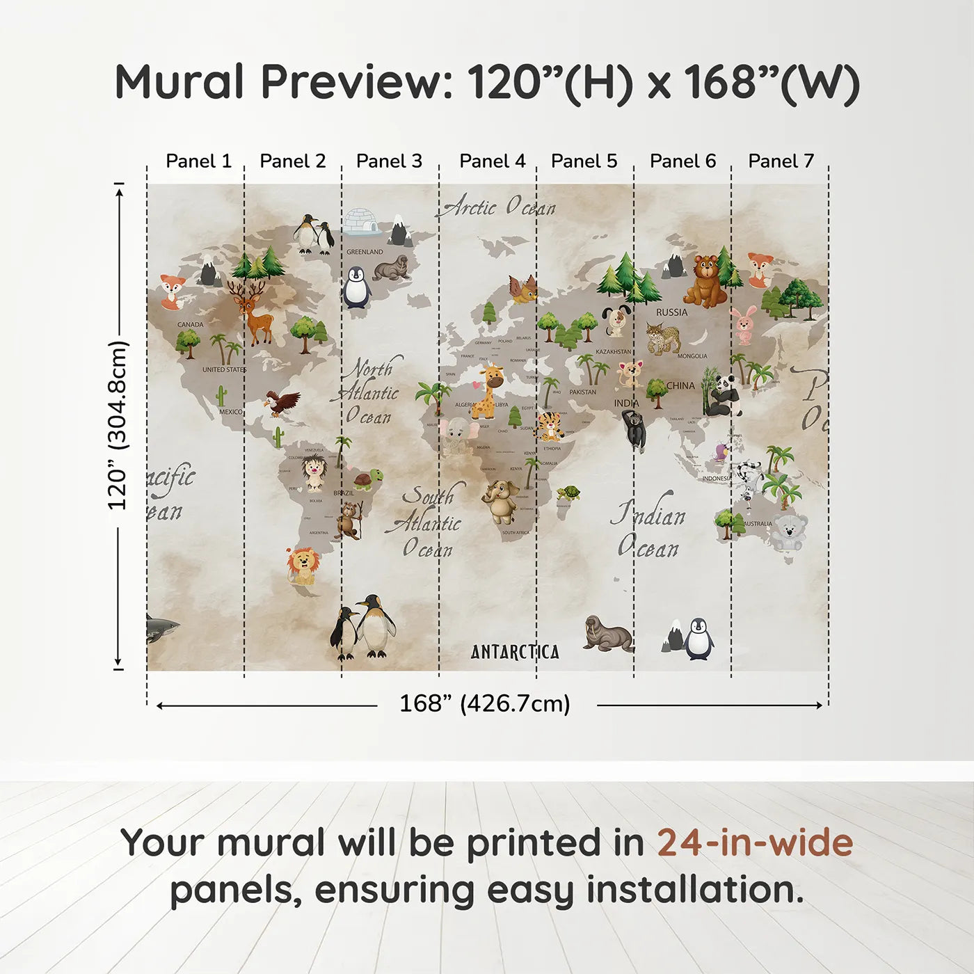 Whimsy Tots Vintage Animal World Map Wall Muraldimension view (120" H x 168" W). Printed in seven 24-inch-wide panels. Gender-Neutral