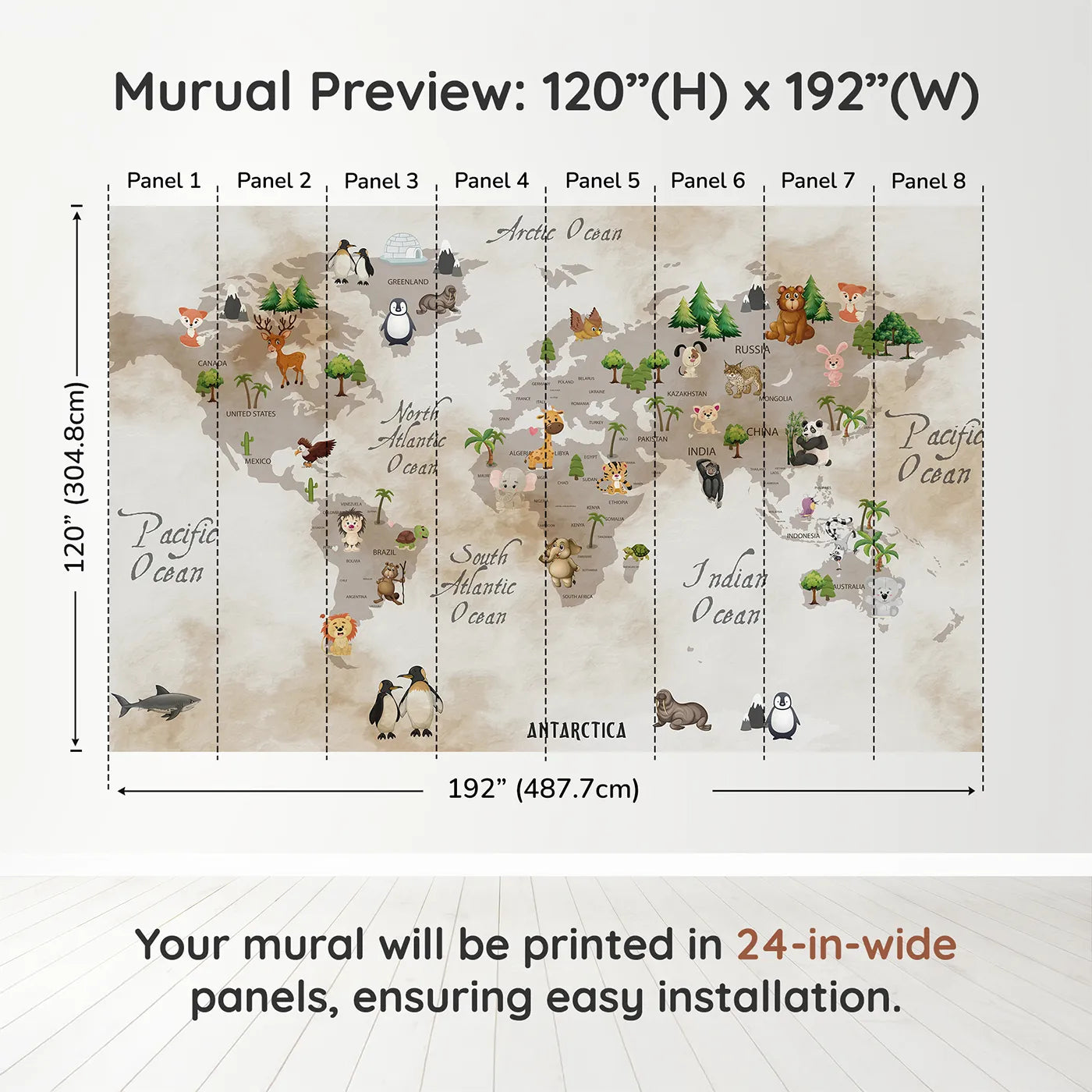 Whimsy Tots Vintage Animal World Map Wall Muraldimension view (120" H x 192" W). Printed in eight 24-inch-wide panels. Gender-Neutral