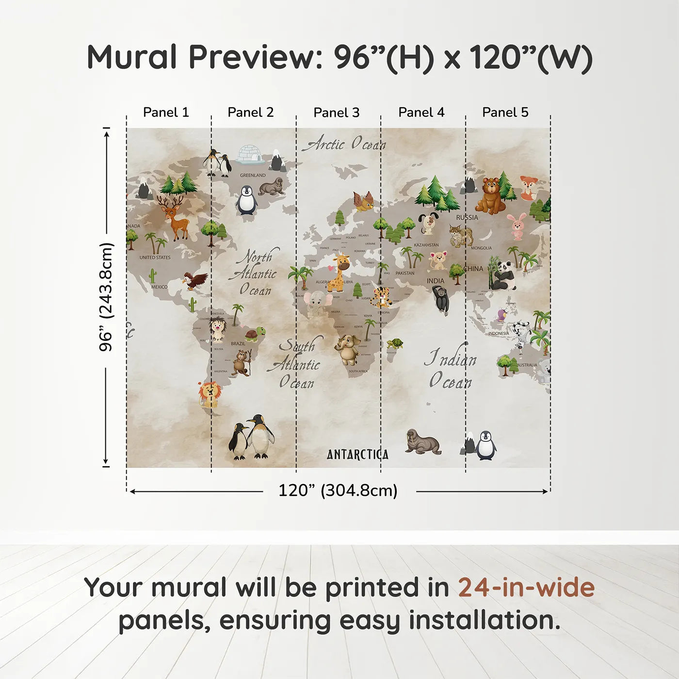Whimsy Tots Vintage Animal World Map Wall Muraldimension view (96" H x 120" W). Printed in five 24-inch-wide panels. Gender-Neutral