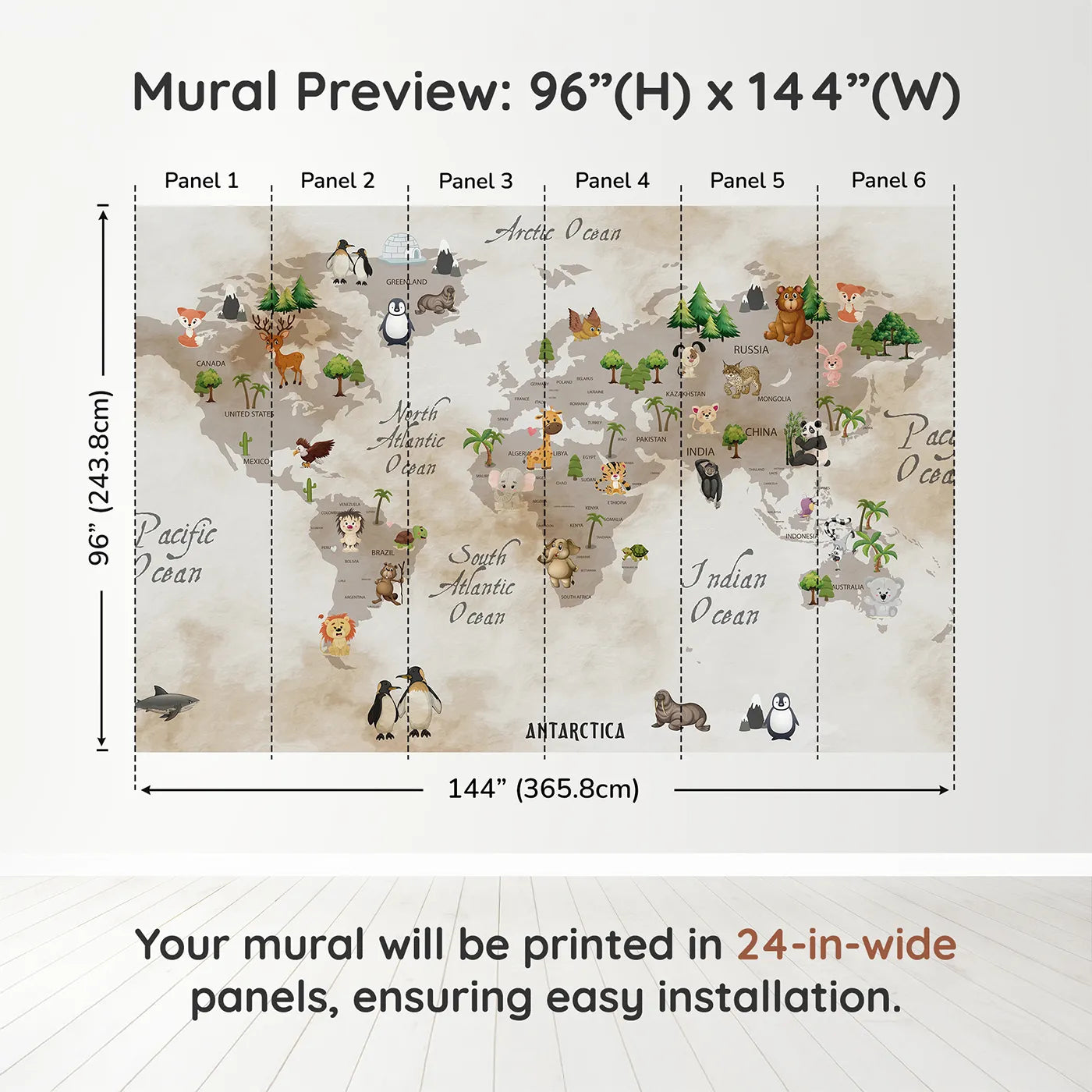 Whimsy Tots Vintage Animal World Map Wall Muraldimension view (96" H x 144" W). Printed in six 24-inch-wide panels. Gender-Neutral