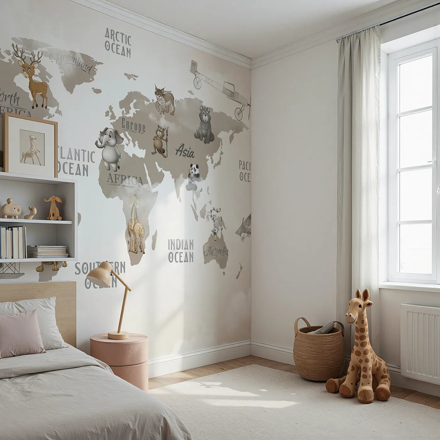 Angled view of Whimsy Tots' Vintage Animal Aviator World Map Wall Mural in Gray (Turn Their Room into a Whimsical World Tour).Gender-Neutral