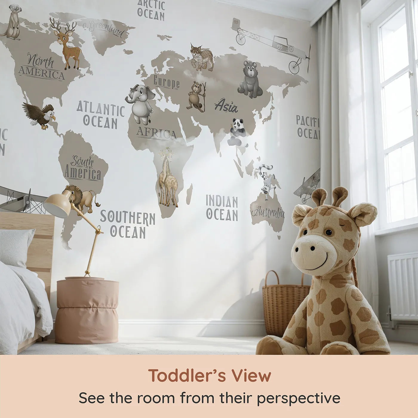 Whimsy Tots Vintage Animal Aviator World Map Wall Mural in Gray (Turn Their Room into a Whimsical World Tour) from your child's view.Gender-Neutral