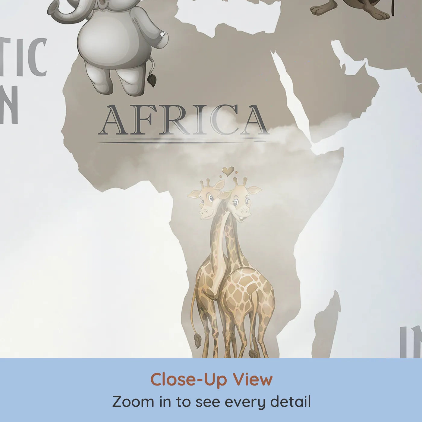 Close-up view of Whimsy Tots' Vintage Animal Aviator World Map Wall Mural in Gray (Turn Their Room into a Whimsical World Tour).Gender-Neutral